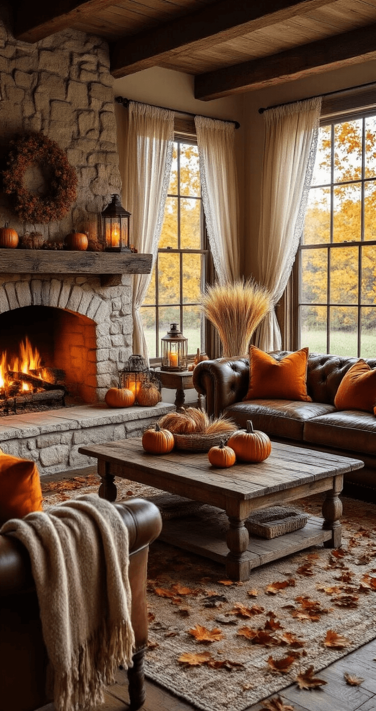 A cozy rustic farmhouse living room at golden hour, featuring a stone fireplace with flames, distressed leather sofa with burnt orange pillows, reclaimed wood coffee table with mini pumpkins and wheat, and warm lighting through lace curtains, enhancing the autumnal decor.