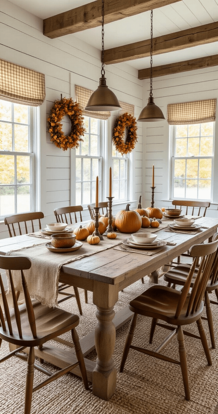 Farmhouse dining room featuring a long reclaimed wood table set with a burlap runner, bronze candlesticks, and scattered gourds, surrounded by Windsor chairs. The room has white shiplap walls adorned with vintage fall wreaths and exposed wooden beams. Natural light filters through windows with checkered valances, illuminating copper serving pieces and ceramic pumpkins, against warm autumn hues of rust, cream, and golden brown.
