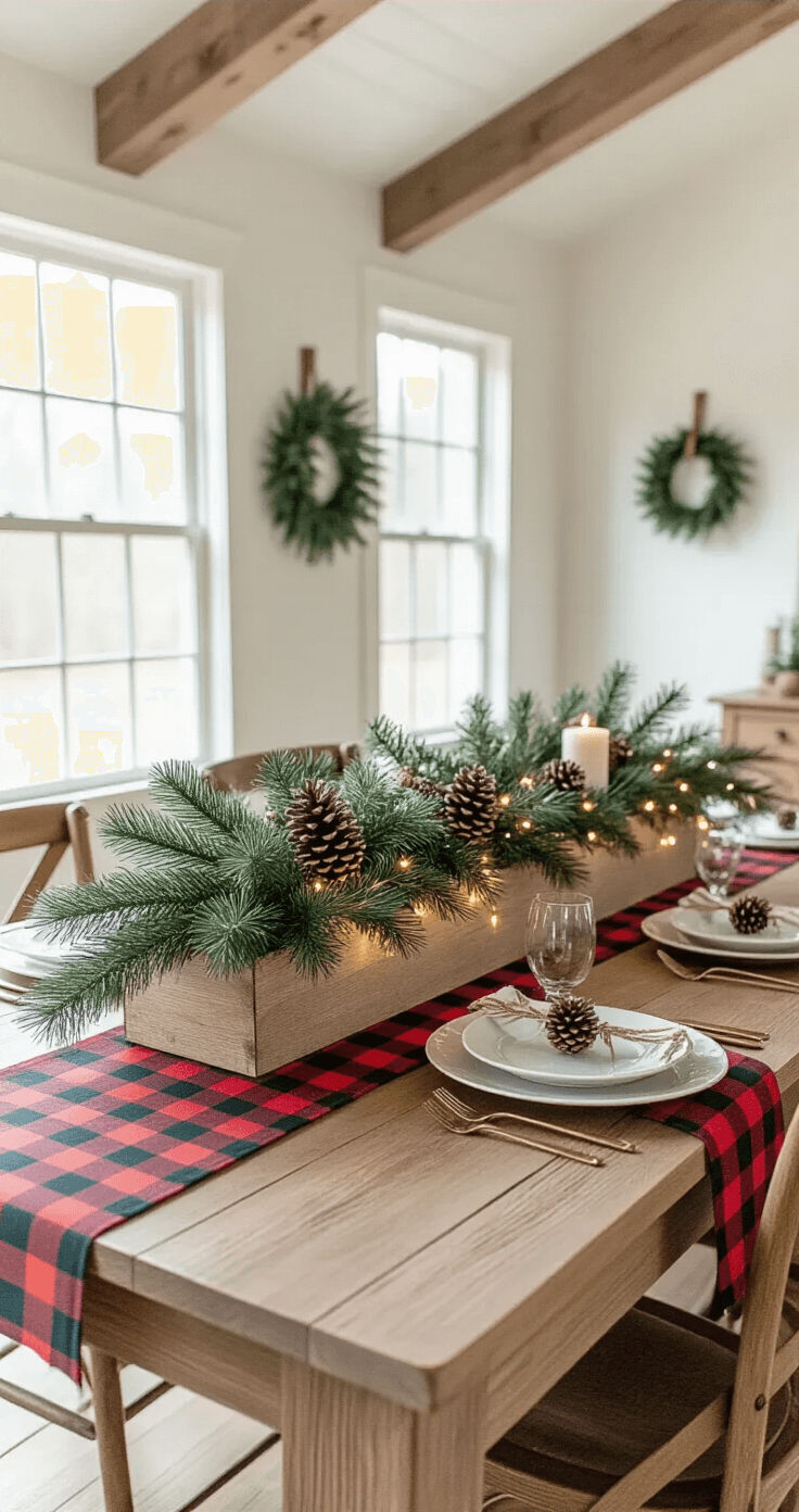 A beautifully styled festive dining room featuring a long wooden farm table adorned with a box filled with fresh evergreen branches and pinecones, illuminated by morning natural light. The table is layered with a buffalo plaid runner and elegant place settings tied with twine, alongside small pinecone favors. Rustic wooden chairs and an exposed beam ceiling enhance the cozy atmosphere, while cream walls and forest green accents complete the inviting scene.