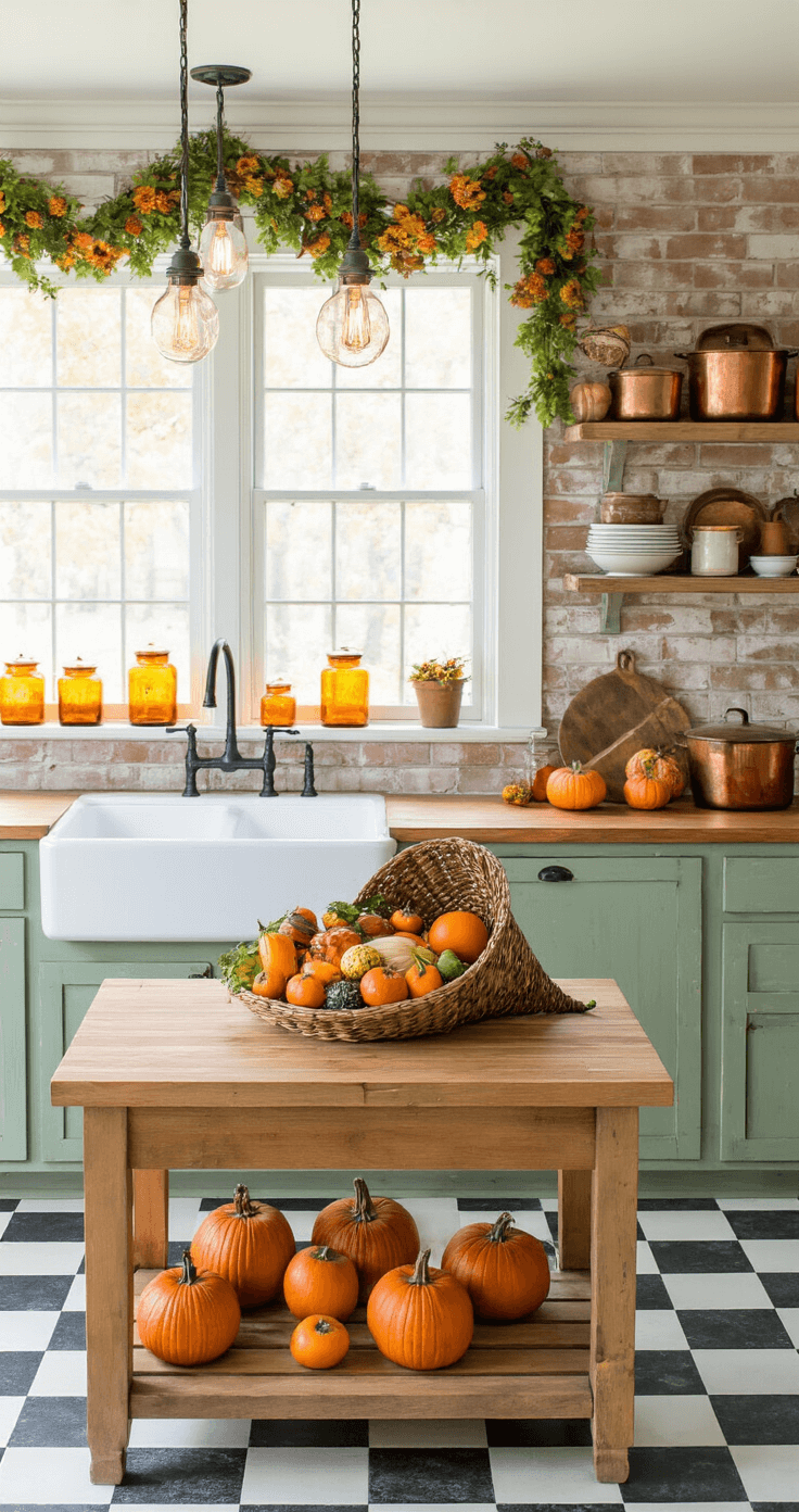 A wide shot of a cozy farmhouse kitchen featuring a sink under a window adorned with a fall garland, open shelving with amber glass jars and vintage copper pots, and a butcher block island centerpiece holding a cornucopia of seasonal produce. Warm Edison pendant lights illuminate distressed sage green cabinets, complemented by checkered floor tiles and a brick backsplash, with hanging dried herbs adding texture and pops of orange from pumpkins and persimmons enhancing the color scheme.
