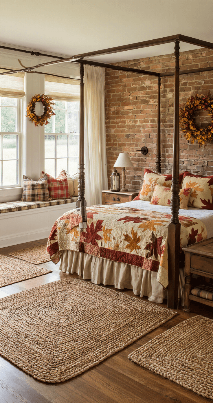 Cozy bedroom corner featuring a four-poster bed with an autumn leaf quilt, vintage nightstands with hurricane lamps, an exposed brick wall adorned with seasonal wreaths, hardwood floors with braided rugs, a window seat with plaid cushions overlooking an imaginary farm, and soft morning light filtering through sheer curtains, all in warm earth tones.