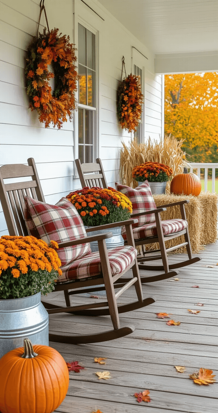 A cozy front porch scene in warm afternoon light, featuring wooden rocking chairs with plaid cushions, vintage milk cans with fall flowers, hay bales with carved pumpkins, and a backdrop of white farmhouse siding adorned with autumn wreaths and corn stalks. The weathered wood flooring is scattered with colorful leaves, and galvanized metal planters overflow with mums and ornamental kale, all in a vibrant fall color palette of oranges, reds, and yellows with natural burlap accents.