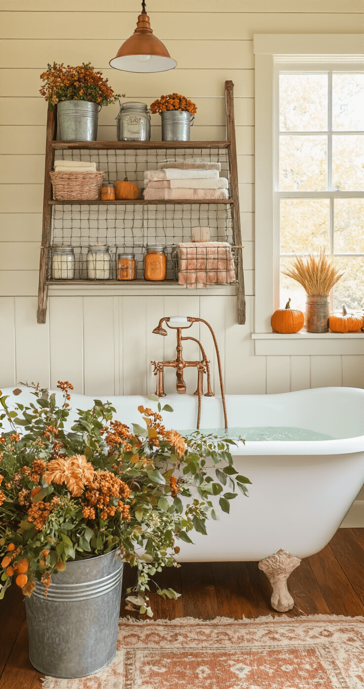 A cozy bathroom featuring a clawfoot tub surrounded by fall greenery in galvanized buckets, with a vintage ladder shelf displaying autumn-themed towels and mason jar soap dispensers. The warm cream shiplap walls are topped with chicken wire cabinet doors showcasing seasonal toiletries, complemented by hardwood floors and a vintage rug. Copper fixtures gleam softly in the warm lighting from a pendant lamp, while natural light from a frosted window highlights dried wheat bundles and small pumpkins on the windowsill, creating a palette of warm creams, natural wood, aged copper, and autumn orange accents.