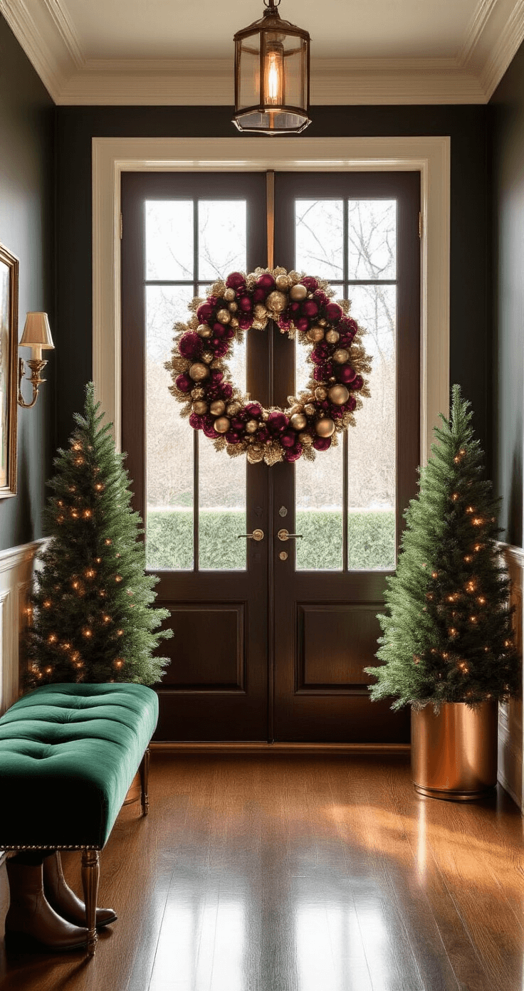 Elegant Christmas entryway with a large metallic gold and burgundy ornament wreath on a dark mahogany door, three mini Fraser firs in copper planters, warm Edison bulb string lights, a rich emerald velvet bench, and vintage leather boots, all under soft natural and warm artificial lighting against cream wainscoting and charcoal walls.