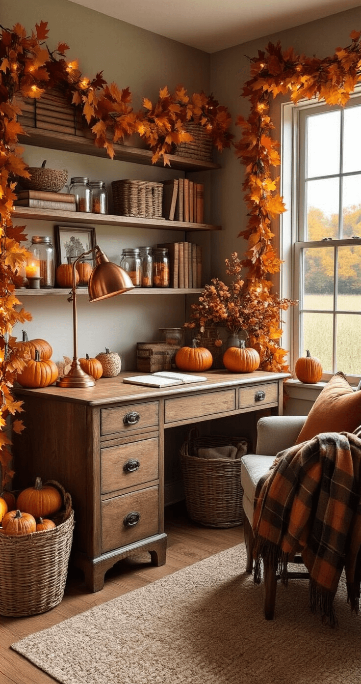 Home office nook viewed from the doorway, showcasing a vintage wooden desk with a copper lamp, surrounded by fall decorations like miniature pumpkins and autumn garlands. Built-in shelves hold mason jars and wicker baskets. A reading chair with a plaid throw is near a window with a farm view, illuminated by warm afternoon light and string lights, creating a cozy ambiance with rich textures and warm autumn colors.