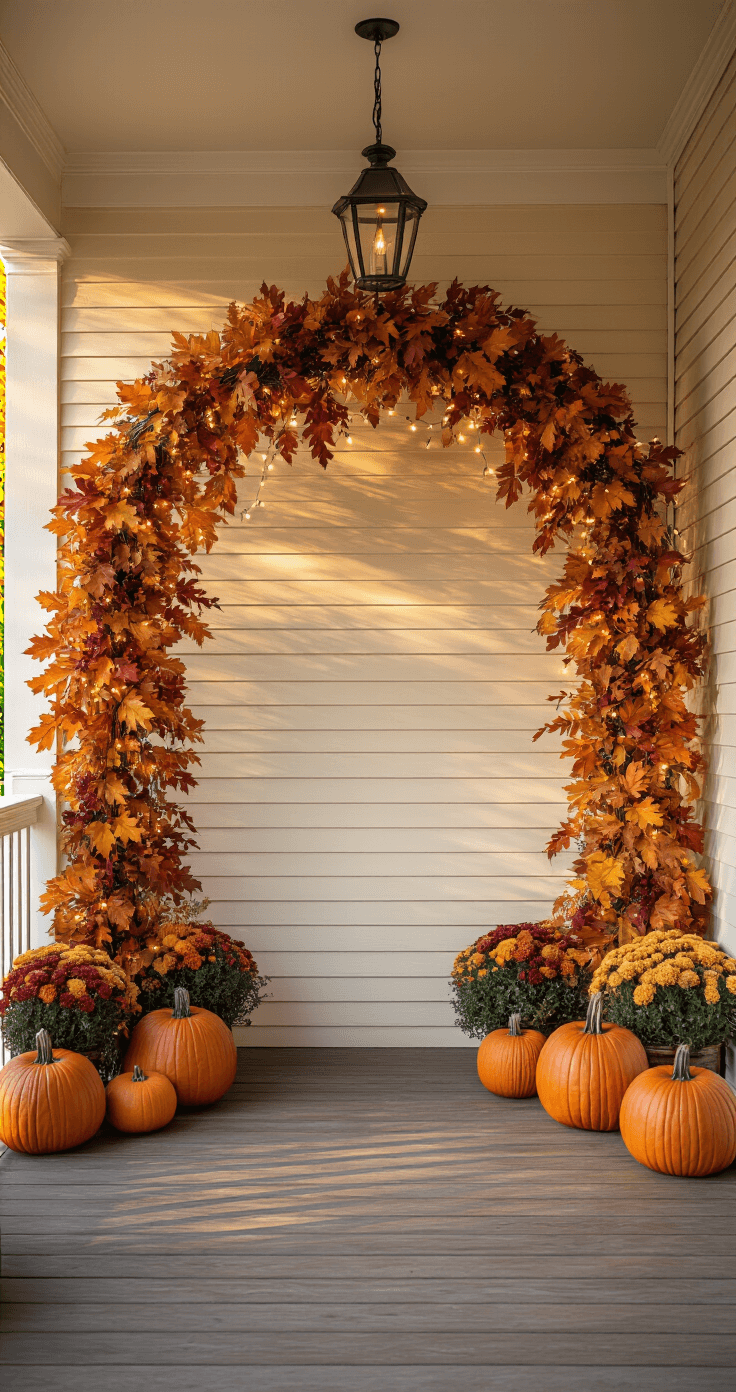Warm autumn front porch scene featuring a 7-foot PVC arch decorated with fall garland in burnt orange, deep red, and golden yellow, embellished with whimsical pumpkins. String lights weave through rich foliage against a backdrop of cream-colored siding and weathered wooden boards, illuminated by soft directional lighting to enhance shadows and depth.