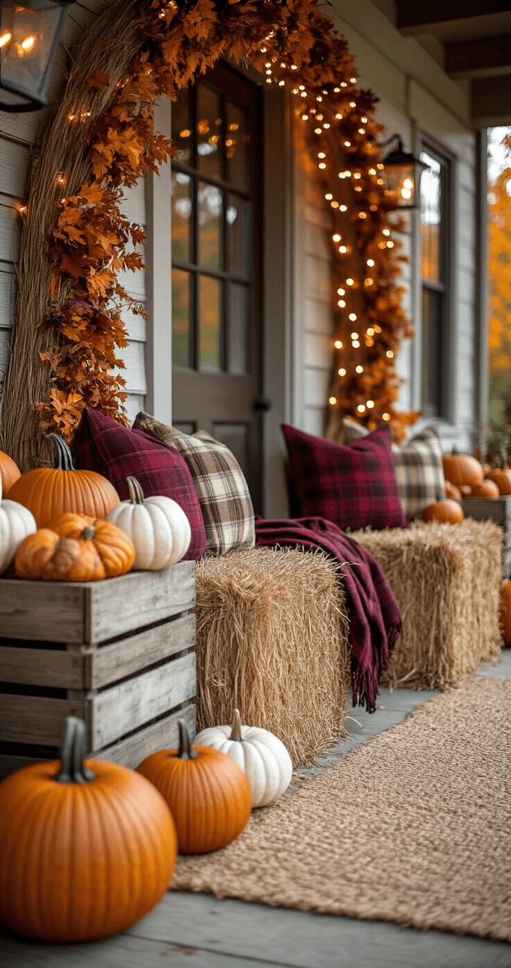 A cozy fall entryway vignette featuring rustic hay bales and an ornate pumpkin arch, with wooden crates filled with various gourds, plaid throw pillows, amber string lights, and a jute rug, all bathed in warm, cinematic lighting.