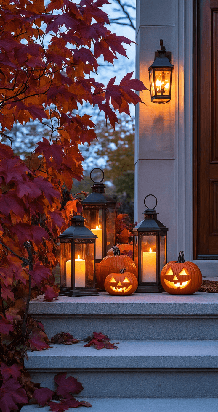 An elegant fall porch scene at twilight, featuring flickering LED lanterns among crimson maple leaves and bittersweet vines, with carved jack-o'-lanterns glowing warmly beside smooth concrete steps leading to a rich mahogany door, all illuminated by balanced architectural lighting.
