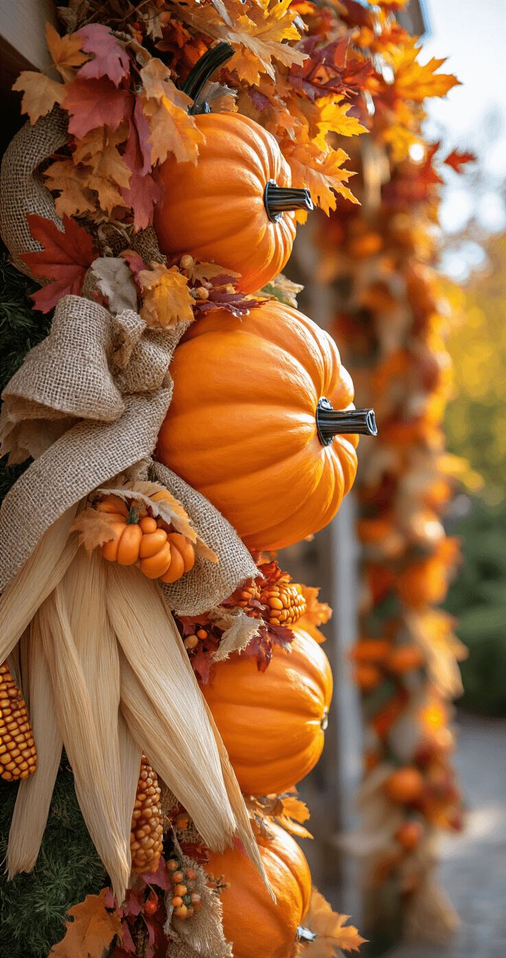 Close-up detail shot of a pumpkin arch showcasing intricate garland weaving with a mix of artificial and real autumn foliage, featuring vibrant orange foam pumpkins secured with hidden zip ties, burlap ribbon, dried corn husks, and miniature gourds, all captured in sharp focus with macro lens perspective and shallow depth of field to emphasize craftsmanship and material textures.
