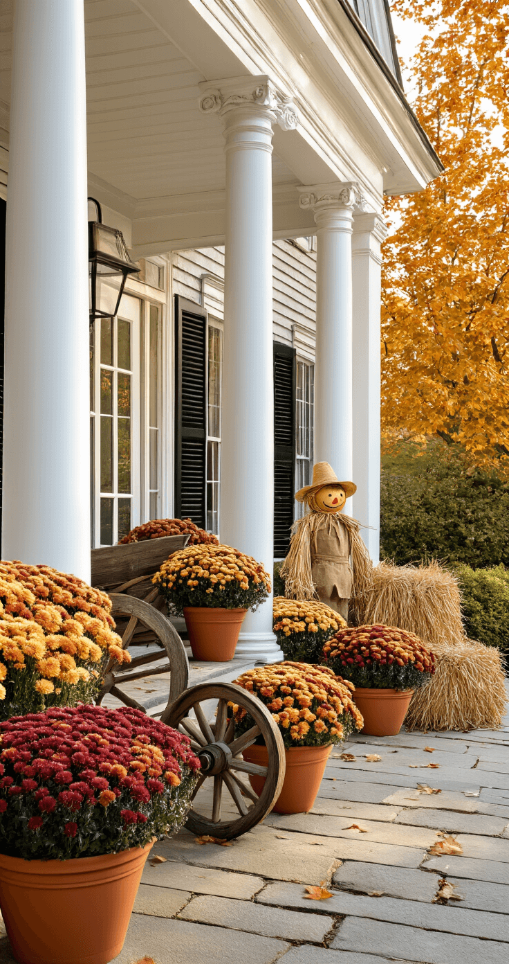 A welcoming autumn porch scene featuring colonial architecture with white columns and black shutters, adorned with terra cotta pots of mums, a vintage wooden wheelbarrow, and a straw-stuffed scarecrow, all bathed in soft morning light and warm earth tones with hints of burgundy.