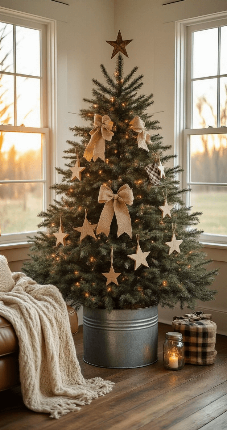 A cozy living room at golden hour features a rustic Christmas tree with handmade decorations, warm sunlight streaming through white-framed windows, and a weathered leather sofa draped with chunky knit blankets.
