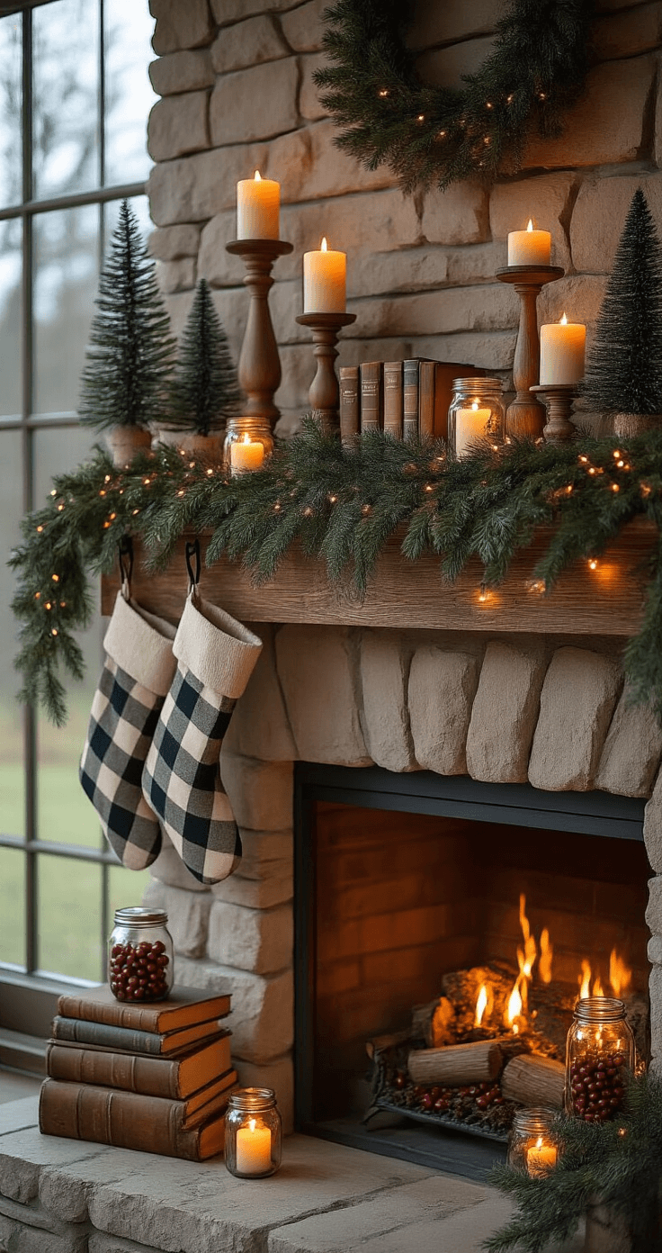 Low-angle view of a rustic Christmas mantel with natural cedar garland, wooden candlesticks holding cream candles, vintage books, bottle brush trees, glowing mason jars with cranberries, buffalo check stockings, and warm firelight mingling with string lights.