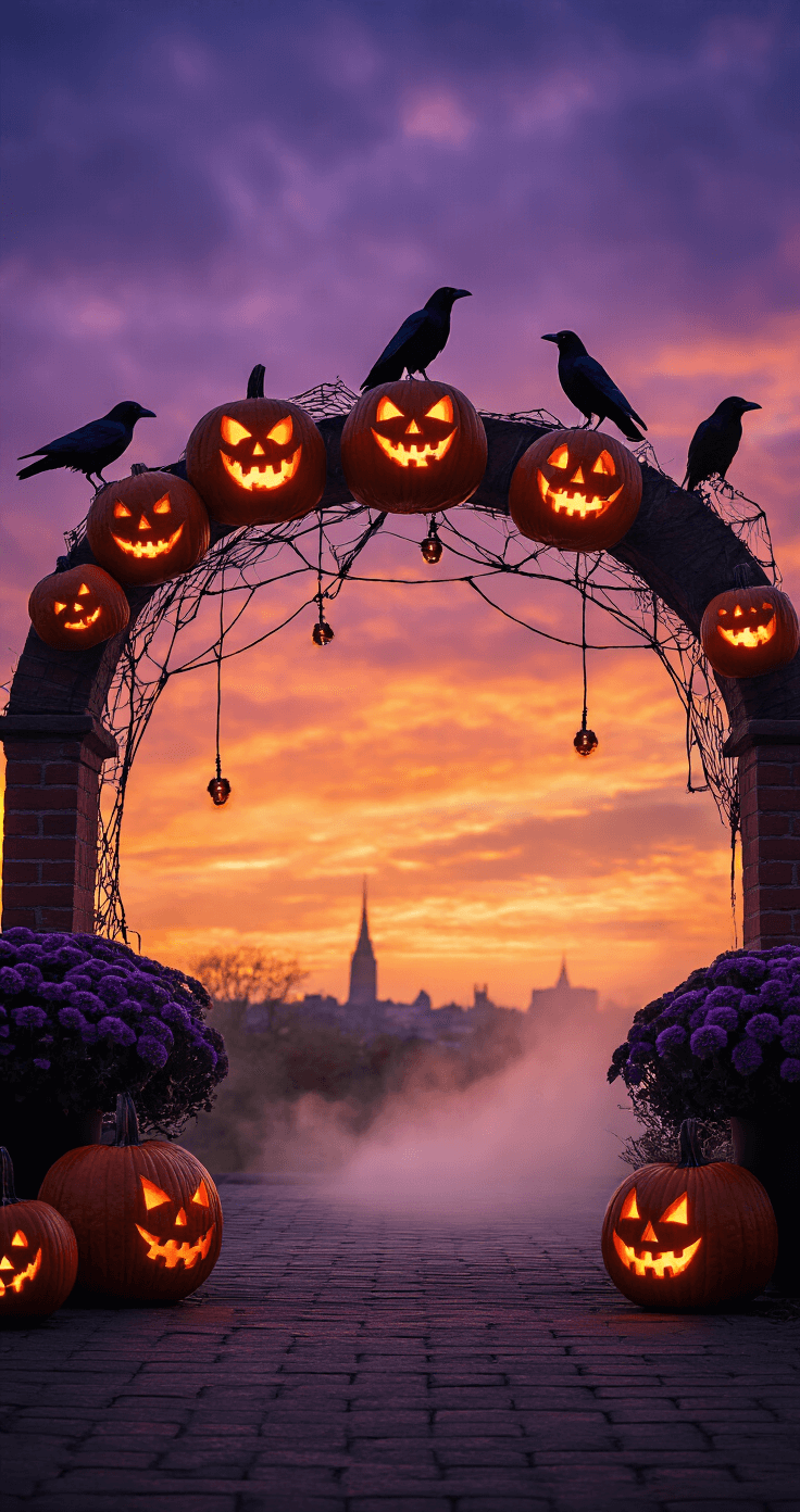 A dramatic dusk scene featuring a pumpkin arch adorned with carved jack-o'-lanterns glowing eerily, surrounded by gothic black accents like ravens and spider webs, complemented by dark purple mums and mysterious fog effects, while orange string lights cast spooky shadows on a brick facade.
