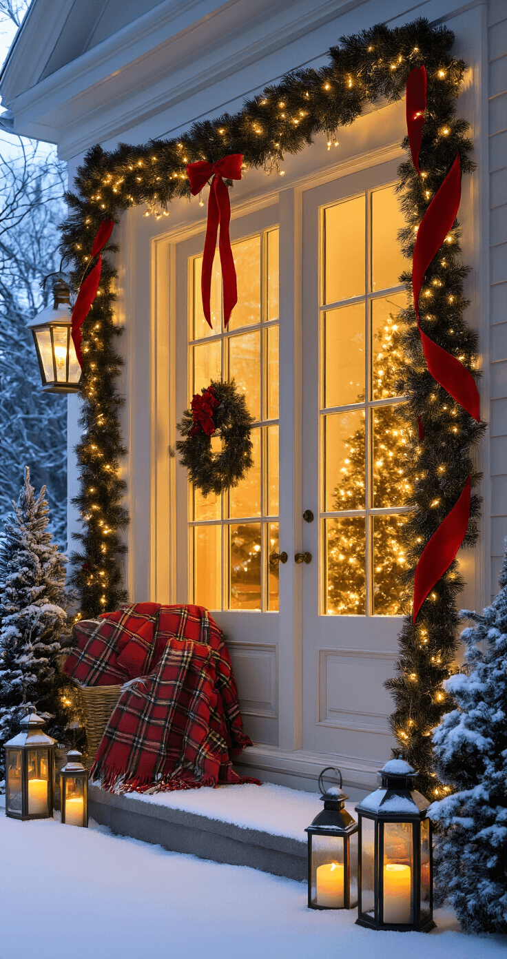 A cozy winter porch transformed for Christmas, featuring a PVC arch adorned with evergreen garland, red velvet ribbon, and white lights, surrounded by fresh snow. The warm golden light from windows spills out, illuminating plaid throws, lanterns with candles, and a classic red and gold color scheme.