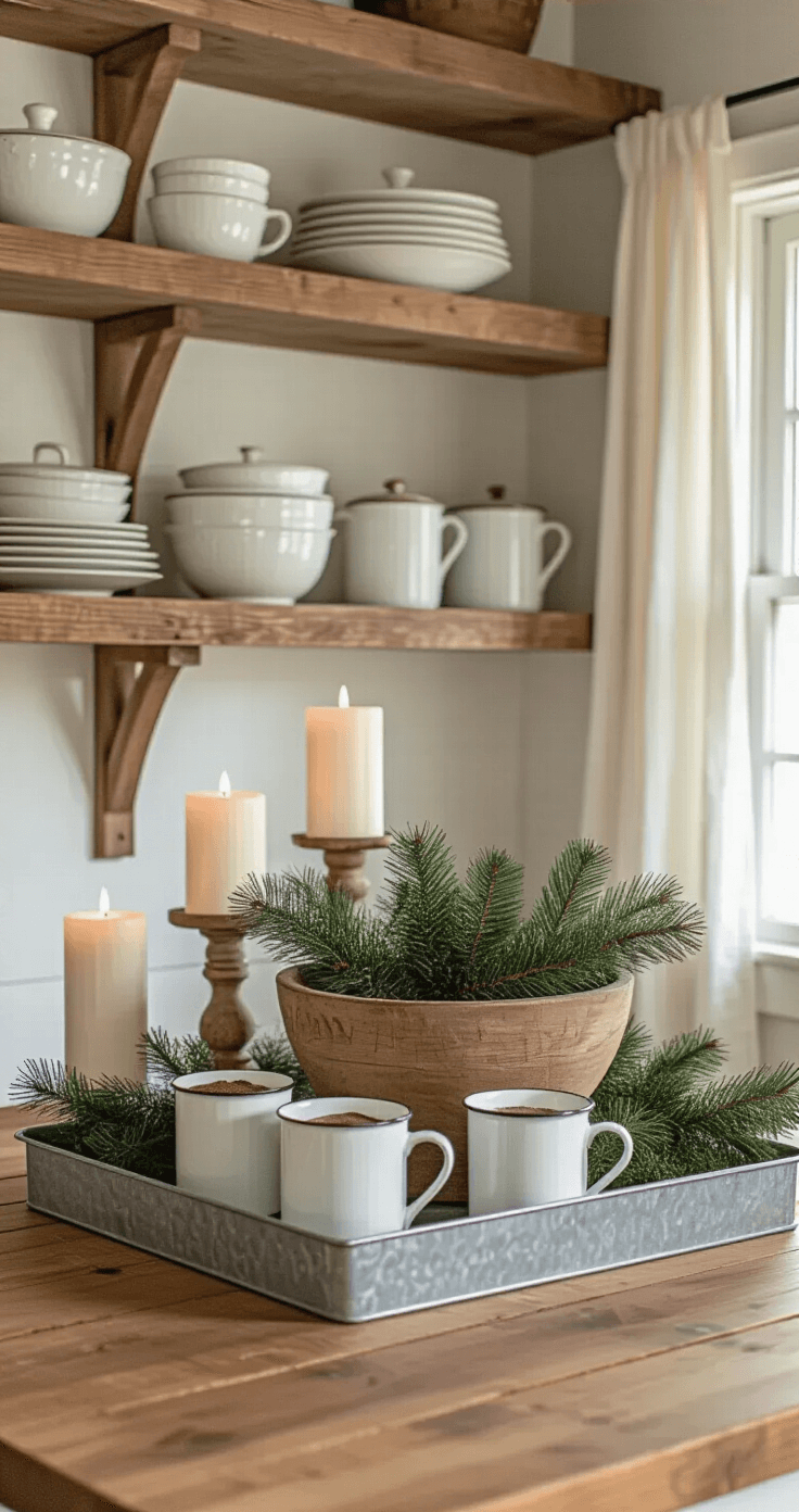 Eye-level view of a cozy farmhouse Christmas kitchen, featuring open wooden shelves with white enamelware dishes and evergreen sprigs, a butcher block counter with a galvanized tray holding vintage mugs and mason jars of hot chocolate mix, and a weathered dough bowl with fresh greenery surrounded by white pillar candles, all bathed in warm morning light filtering through café curtains.