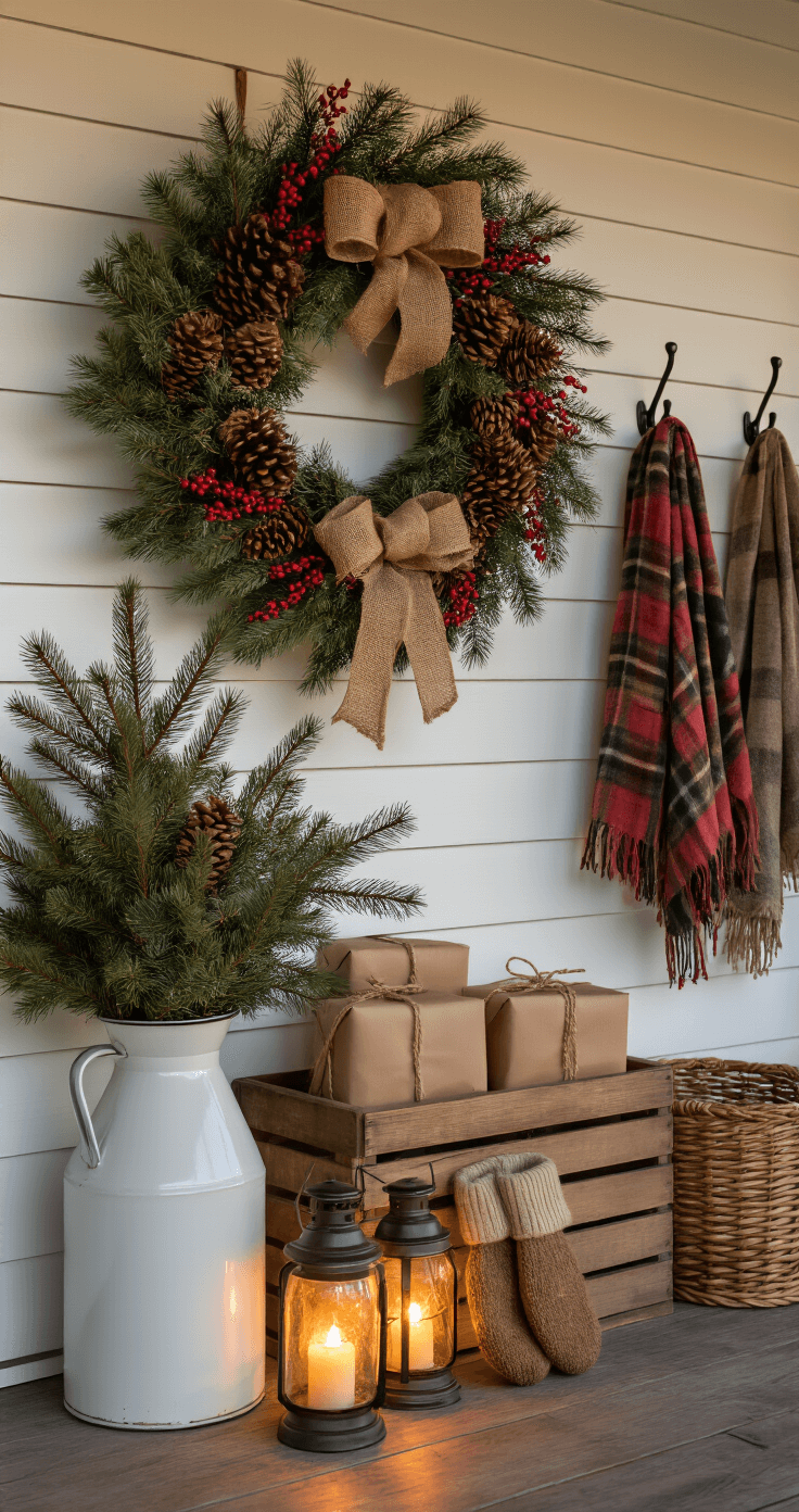 A cozy farmhouse entryway at dusk featuring a pinecone wreath on white shiplap, a milk jug with evergreen branches, a crate with brown packages tied in jute, and warm lantern light illuminating wide-plank pine floors. Vintage hooks display plaid scarves and wool mittens, while a woven basket is ready for winter items, creating inviting shadows and a rustic atmosphere.
