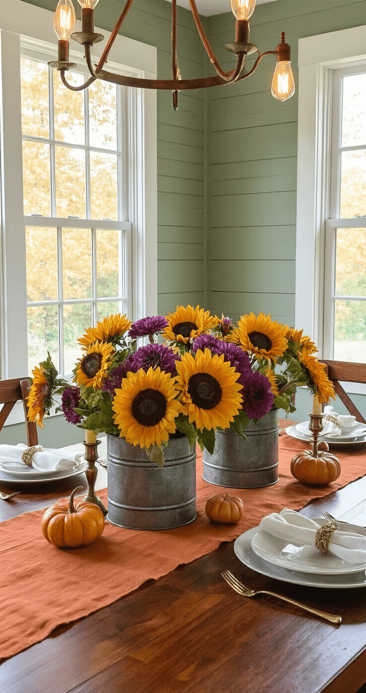 Cozy autumn dining room scene with a mahogany farmhouse table adorned with mixed sunflowers in weathered zinc planters, a burnt orange linen runner, scattered pumpkins, and vintage brass candlesticks, all illuminated by a warm Edison bulb chandelier and natural light, against a sage green shiplap accent wall.