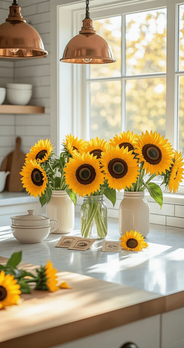 A bright kitchen with white subway tile backsplash illuminated by soft morning light, featuring large sunflowers in mason jars on marble countertops, copper pendant lights, open shelving with cream ceramics, and a butcher block island, all exuding a fresh, farmhouse sophistication in warm autumn tones.