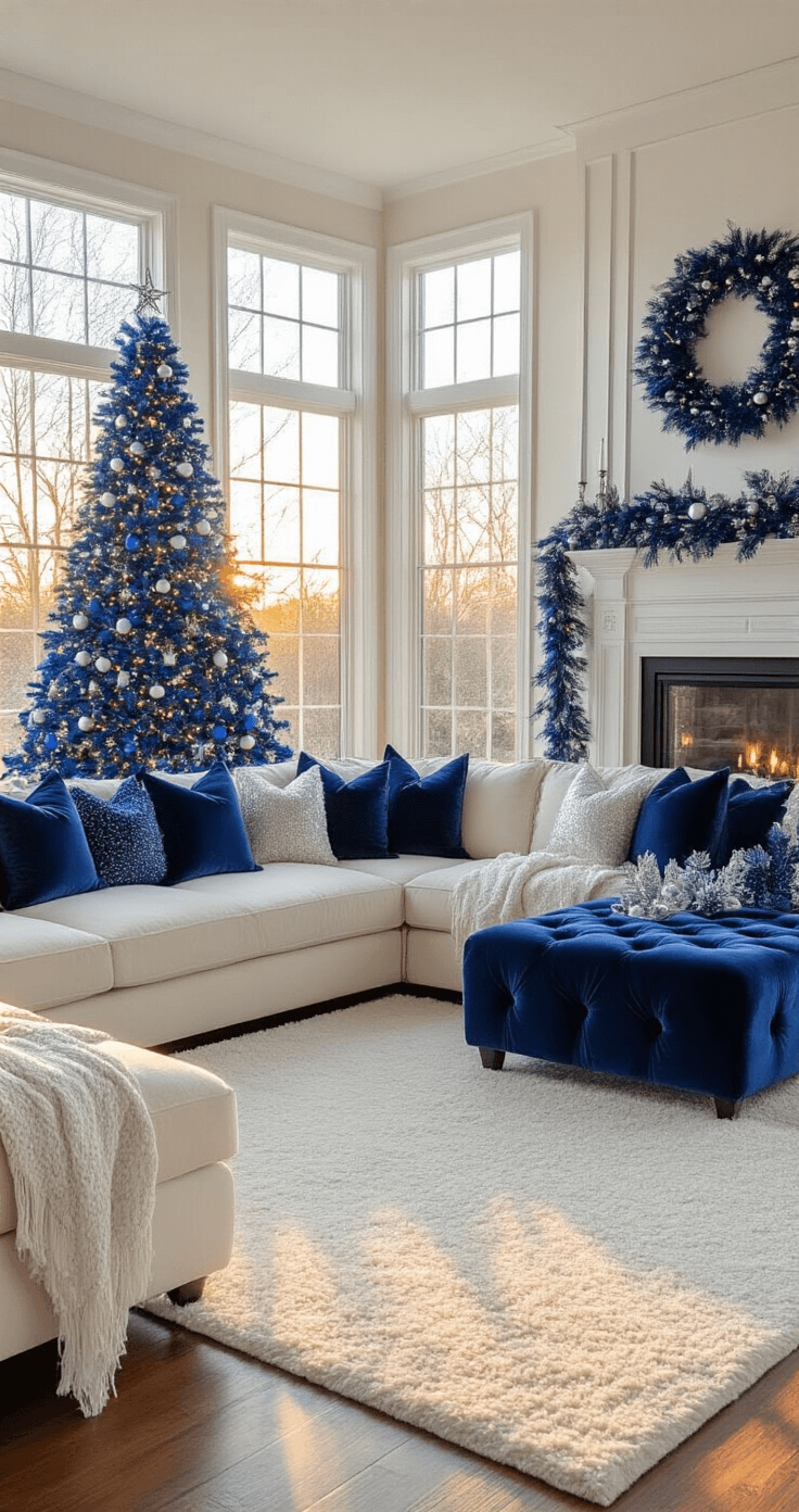 Spacious living room at golden hour with warm natural light; navy blue Christmas tree with silver ornaments, cream sectional sofa with deep blue pillows, white fireplace mantel decorated with blue and silver garland, hardwood floors and plush cream rug.