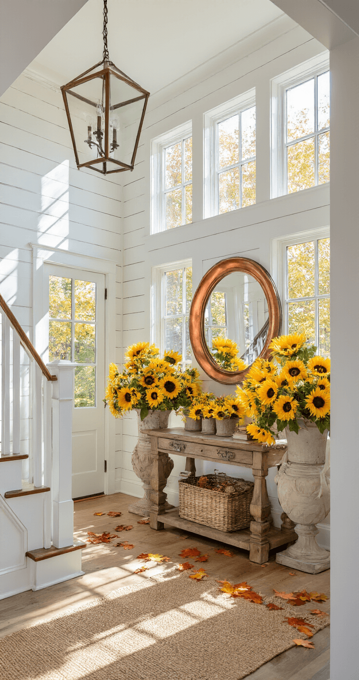 Bright entryway foyer with geometric shadows on wide-plank pine floors, featuring tall sunflower arrangements in oversized urns, a vintage wood console table, and a copper mirror, all against whitewashed shiplap walls and accented by a jute runner and scattered autumn leaves, viewed from a staircase for a dynamic perspective.