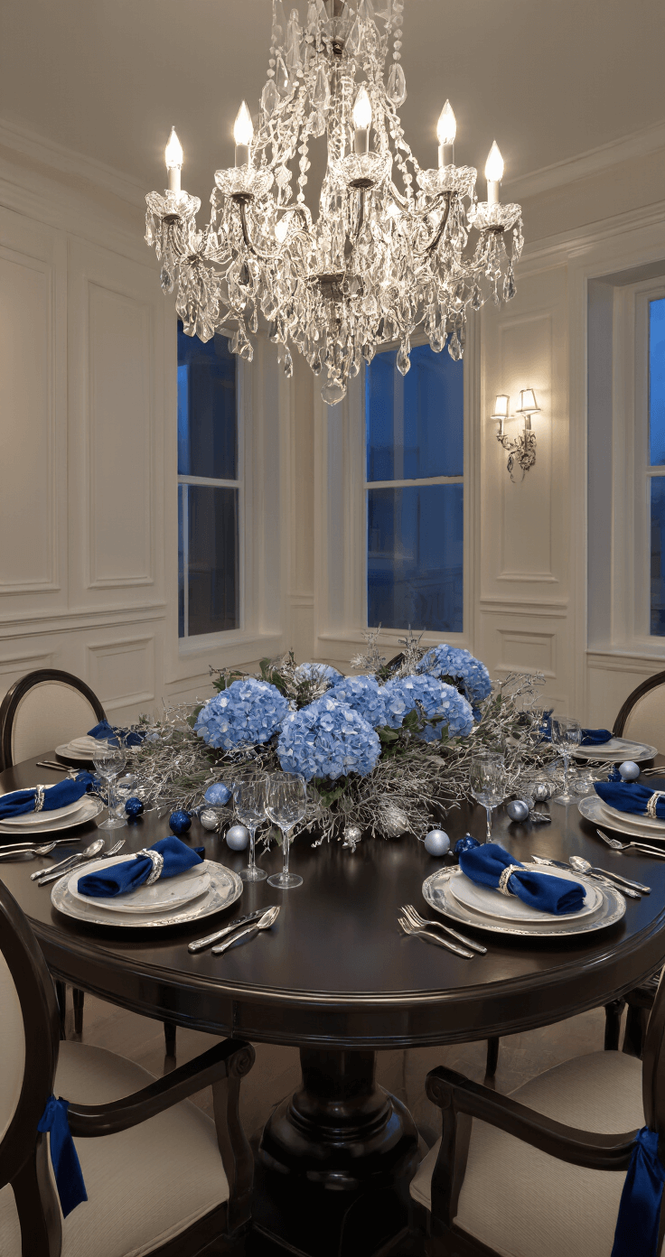 Low-angle view of an elegant dining room at twilight, featuring a dark wood table set with blue napkins and silver chargers, adorned with a central garland of blue hydrangeas and silver branches, a warm glow from a crystal chandelier illuminating cream walls with wainscoting, and blue velvet ribbon details on chair backs.