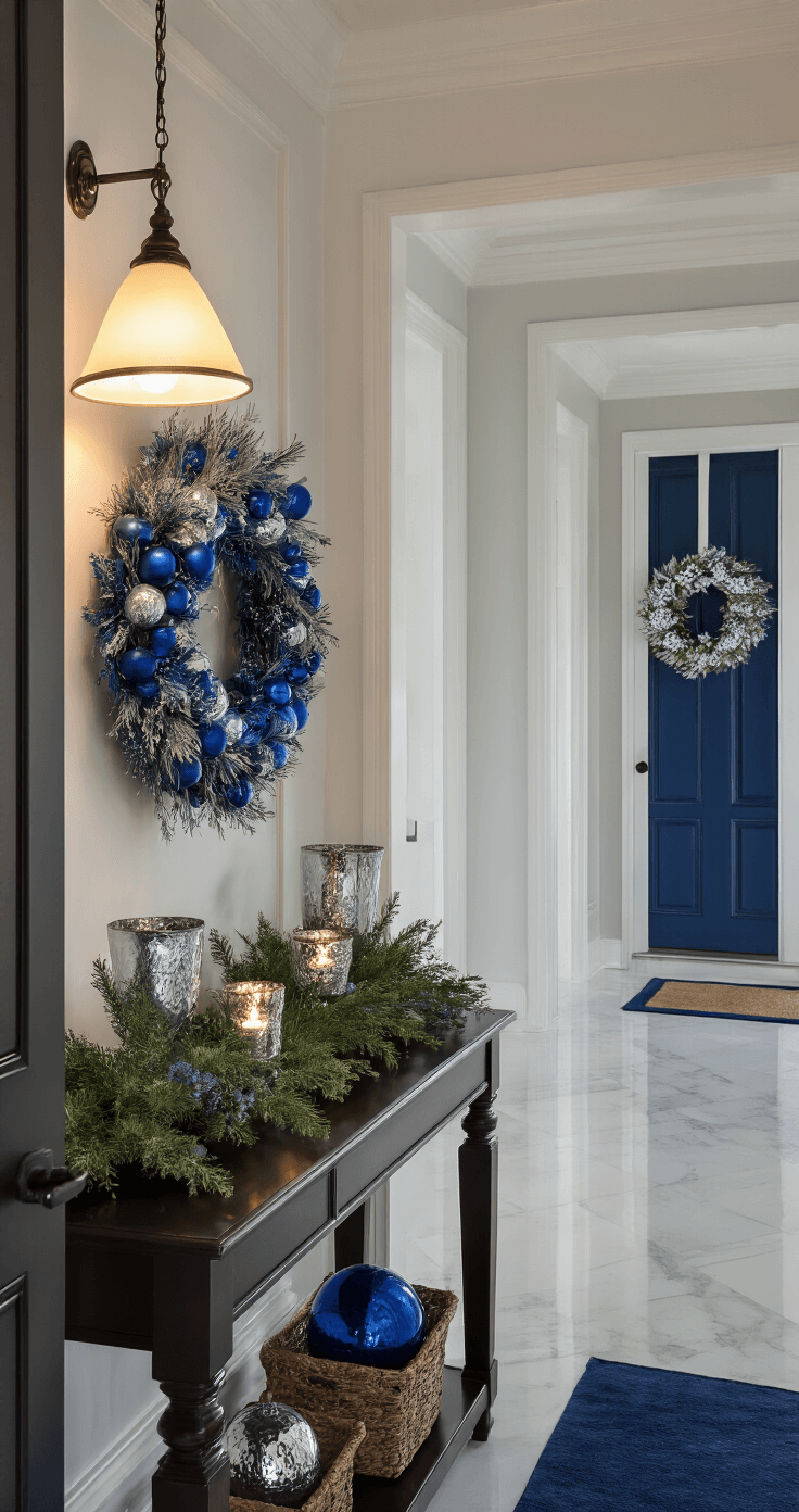 Eye-level view of a cozy entryway at dusk featuring a glowing pendant light, dark wood console table with blue ornament wreaths and mercury glass votives, a large blue and silver wreath on a white front door, polished marble floors with a navy runner, and white walls with subtle crown molding, enhanced by layered textures of velvet, glass, and natural greenery.