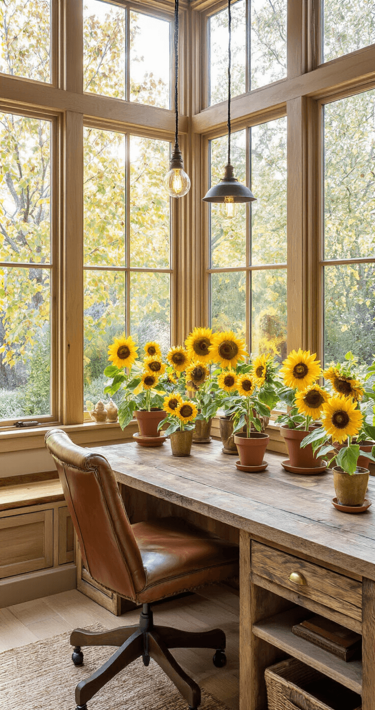A spacious home office with large windows overlooking a garden, featuring sunflower arrangements indoors and out. A reclaimed wood desk holds small sunflowers in terra cotta pots and dried arrangements in vintage brass containers. A leather desk chair and built-in shelving with warm wood tones complete the scene, illuminated by pendant lighting with Edison bulbs, captured from behind the desk to emphasize the depth between the interior and exterior.