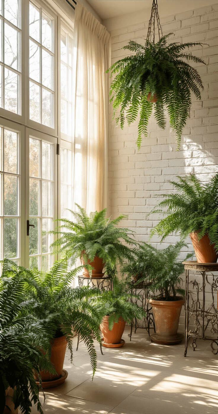 A spacious conservatory corner bathed in golden hour light, featuring cascading Christmas ferns in terracotta planters, vintage wrought iron plant stands, and whitewashed brick walls, with soft light filtering through sheer linen curtains and showcasing vaulted ceilings.