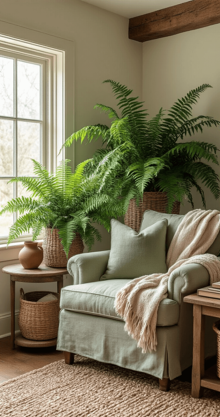 Intimate close-up of a cozy living room reading nook featuring a sage linen armchair, towering Christmas ferns in handwoven baskets, a weathered oak side table with ceramic watering vessels and gardening journals, all bathed in soft morning light, with rich textures of jute rugs and wool throws, framed by exposed wooden beams.