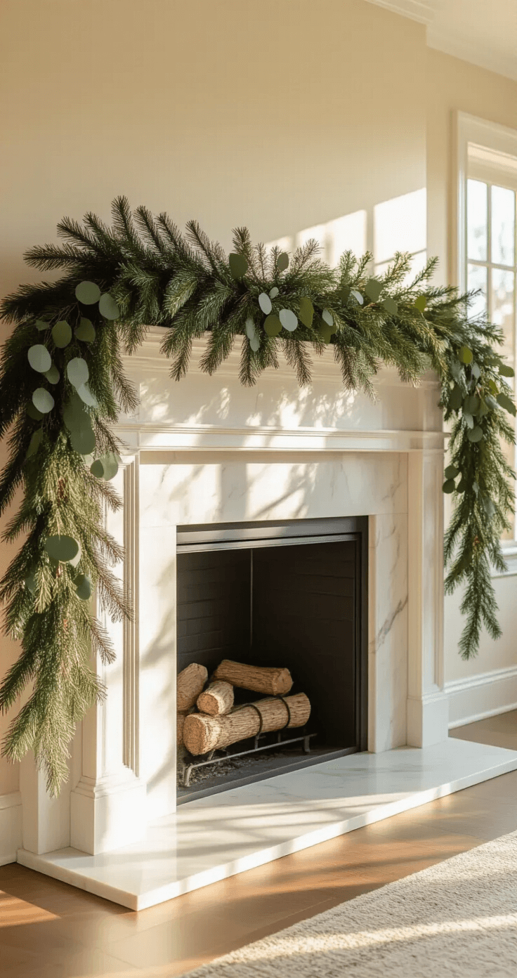 Wide-angle view of an elegant living room mantel adorned with a lush layered garland of pine and eucalyptus draped over a white marble fireplace, illuminated by warm golden hour sunlight streaming through windows, casting soft shadows on cream walls.