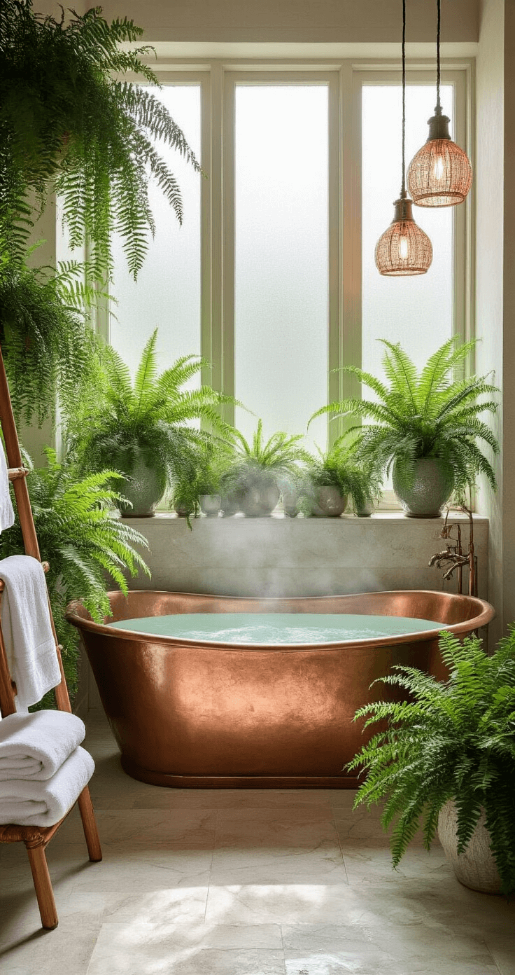 A serene bathroom spa retreat featuring a freestanding copper bathtub surrounded by Christmas ferns in ceramic vessels, illuminated by diffused afternoon light through frosted glass, with natural stone tiles and bamboo ladders draped with organic cotton towels, creating a tranquil sanctuary atmosphere.