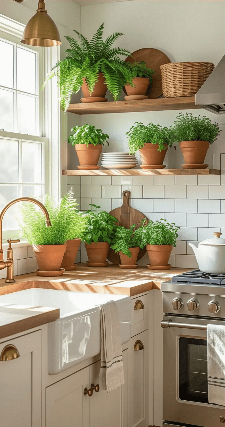 A bright kitchen herb garden featuring Christmas ferns and culinary herbs in matching terracotta pots on open shelving, with butcher block countertops, a subway tile backsplash, brass fixtures, and copper accents, creating a warm and inviting atmosphere for cooking.