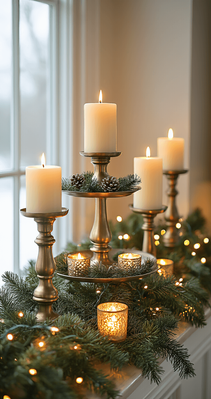 An elegant evening mantel arrangement featuring tall brass pillar candles, medium pewter taper candles, and small votive candles nestled in greenery, illuminated by warm white LED fairy lights and battery-operated realistic LEDs, creating a cozy winter ambiance with golden reflections.