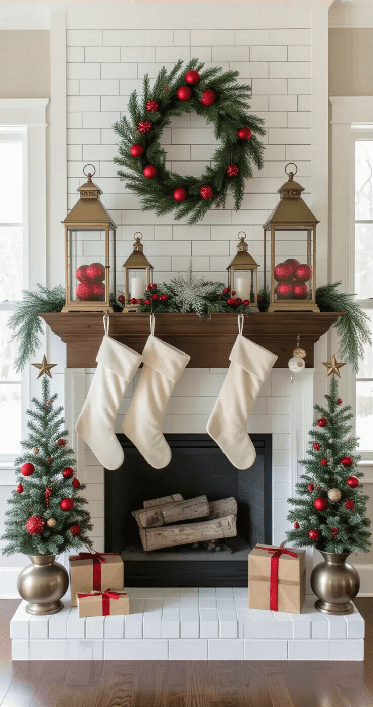A well-lit interior shot featuring a dark wood mantel adorned with oversized cream stockings, large brass lanterns filled with red ornaments, and three mini Christmas trees of varying heights, all set against a white subway tile fireplace surround. Statement pewter candlesticks frame the composition while natural light enhances the scene's brightness.