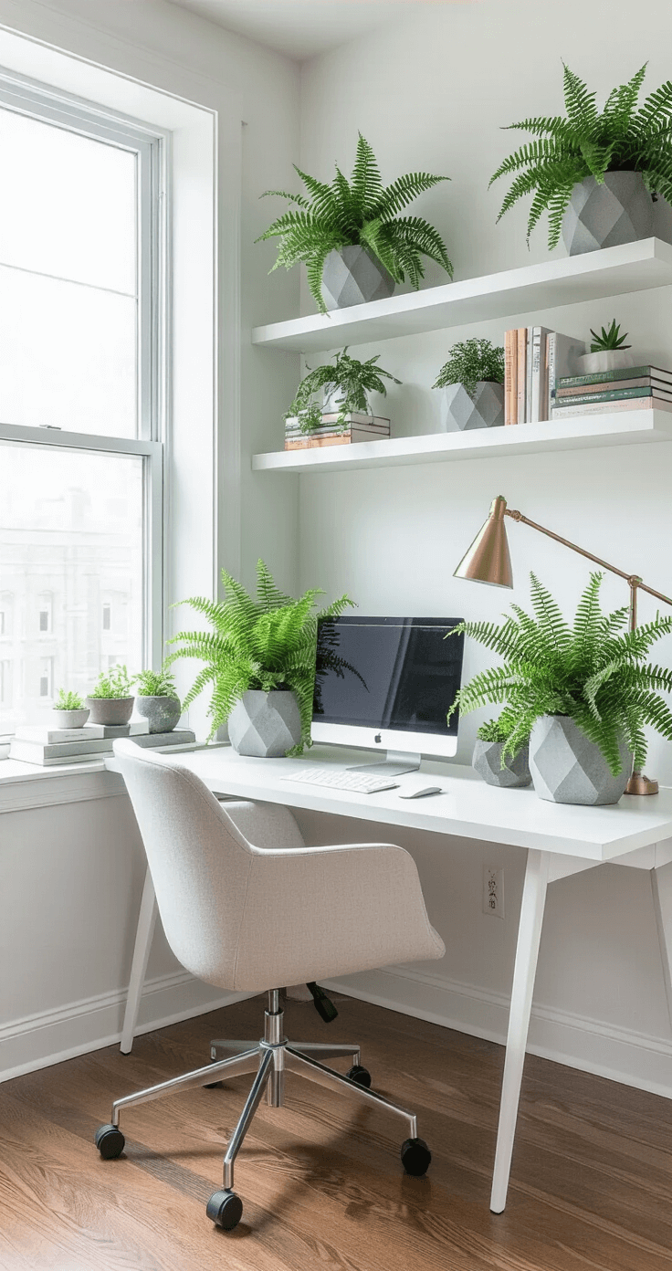 A stylish home office corner bathed in gentle north-facing light, featuring a modern desk setup, Christmas ferns in geometric concrete planters, and minimalist brass task lighting, all against a backdrop of rich hardwood floors and floating shelves with books and small plants.