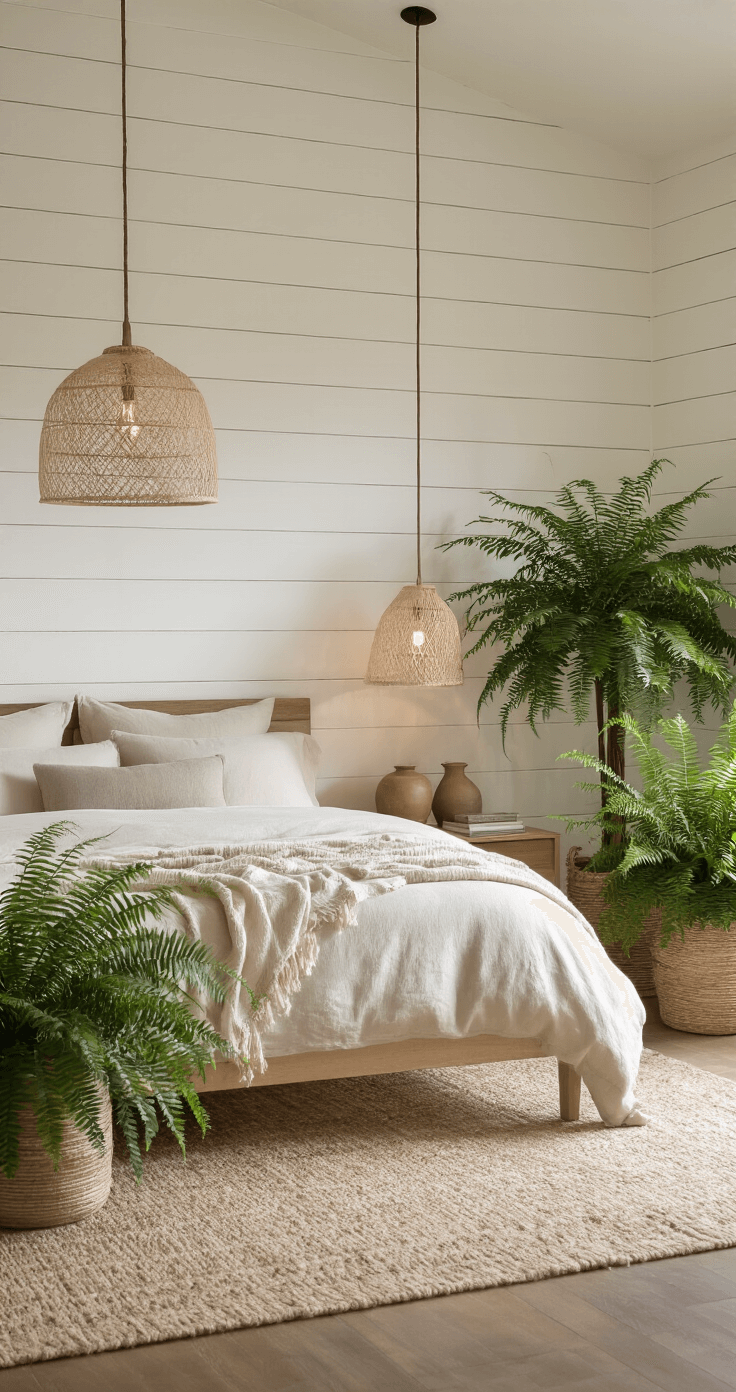 A serene bedroom corner featuring a platform bed dressed in natural-toned linen bedding, surrounded by floor-standing Christmas ferns in woven planters. The warm white shiplap accent wall complements layered rugs of varied textures. Bedside tables with ceramic vessels and reading materials sit next to the bed, while pendant lighting casts soft shadows through the ferns, creating a peaceful atmosphere.