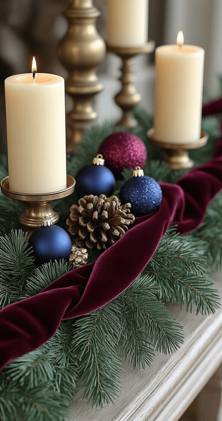Sophisticated Christmas decor featuring a burgundy and navy color palette, with velvet ribbon woven through dark green garland, navy ornaments in brass vessels, and cream candles in pewter holders, all beautifully illuminated by soft, natural light.