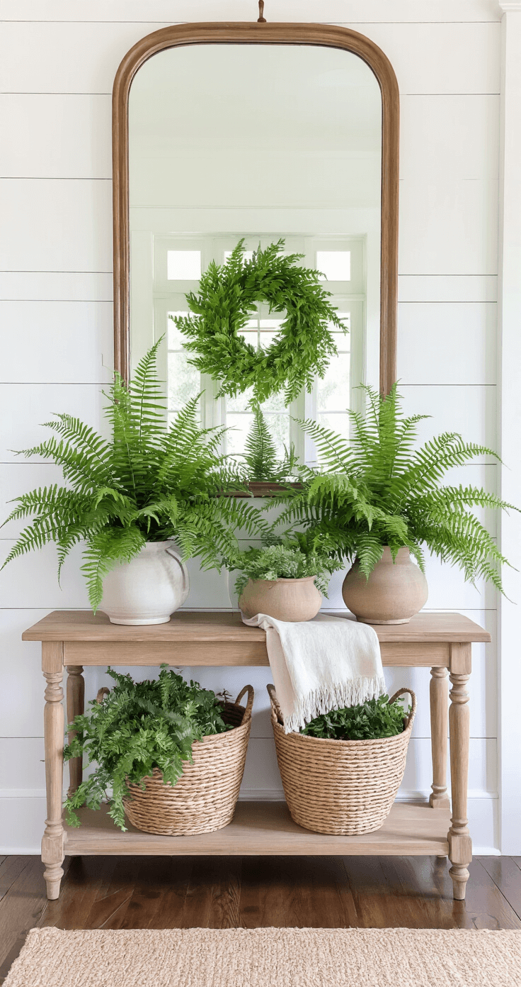Bright entryway featuring a console table adorned with Christmas ferns in artisanal pottery, surrounded by shiplap wainscoting and dark hardwood floors, illuminated by natural light. A vintage mirror reflects botanical arrangements, while woven storage baskets and linen table runners add texture to the inviting atmosphere.
