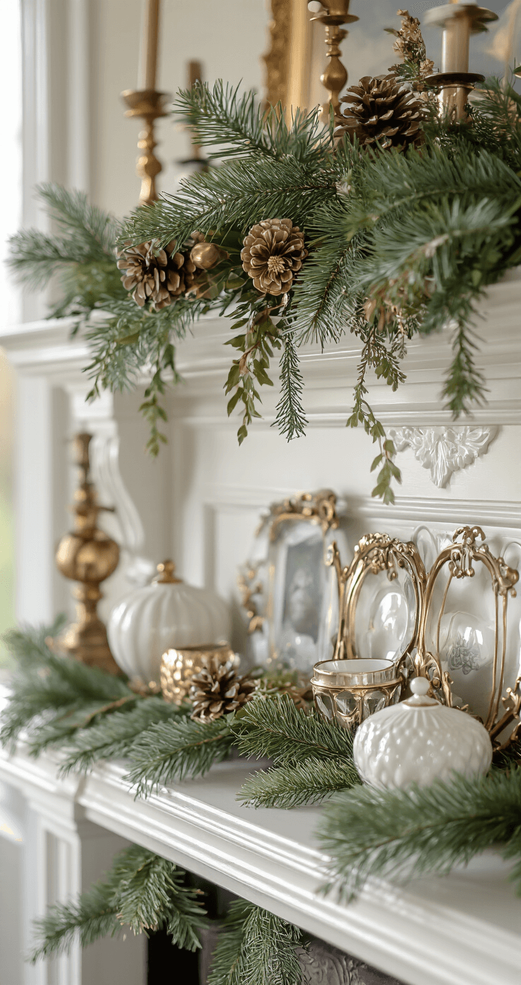 Close-up of a beautifully styled mantel featuring layered decor in soft morning light, including garland, anchor pieces, and decorative elements, showcasing mixed textures and an organic asymmetrical arrangement.