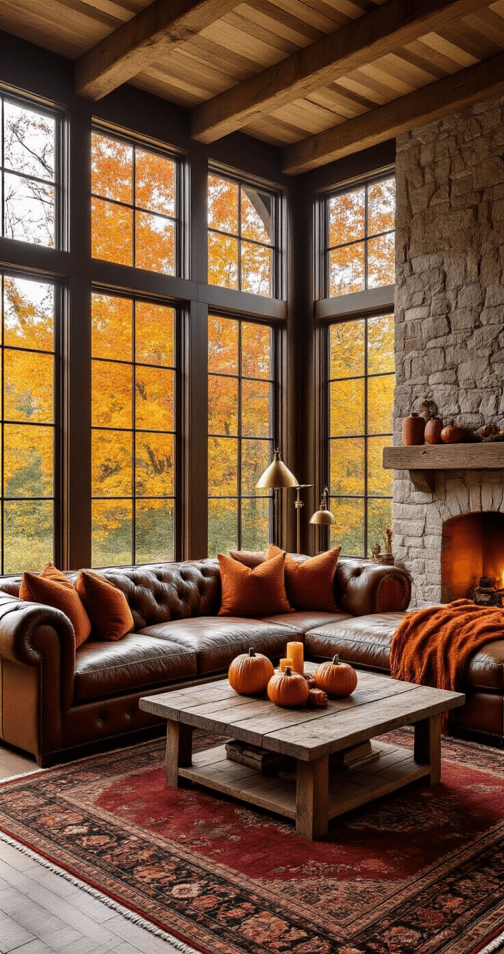Cozy autumn living room with floor-to-ceiling windows displaying vibrant fall foliage, featuring an overstuffed leather sectional with burnt orange throws, a reclaimed wood coffee table adorned with pumpkins and cinnamon candles, a Persian rug in deep burgundy, exposed wooden beams, vintage brass lamps providing soft side lighting, and a crackling fireplace with a stone surround, all in warm amber and rust tones.