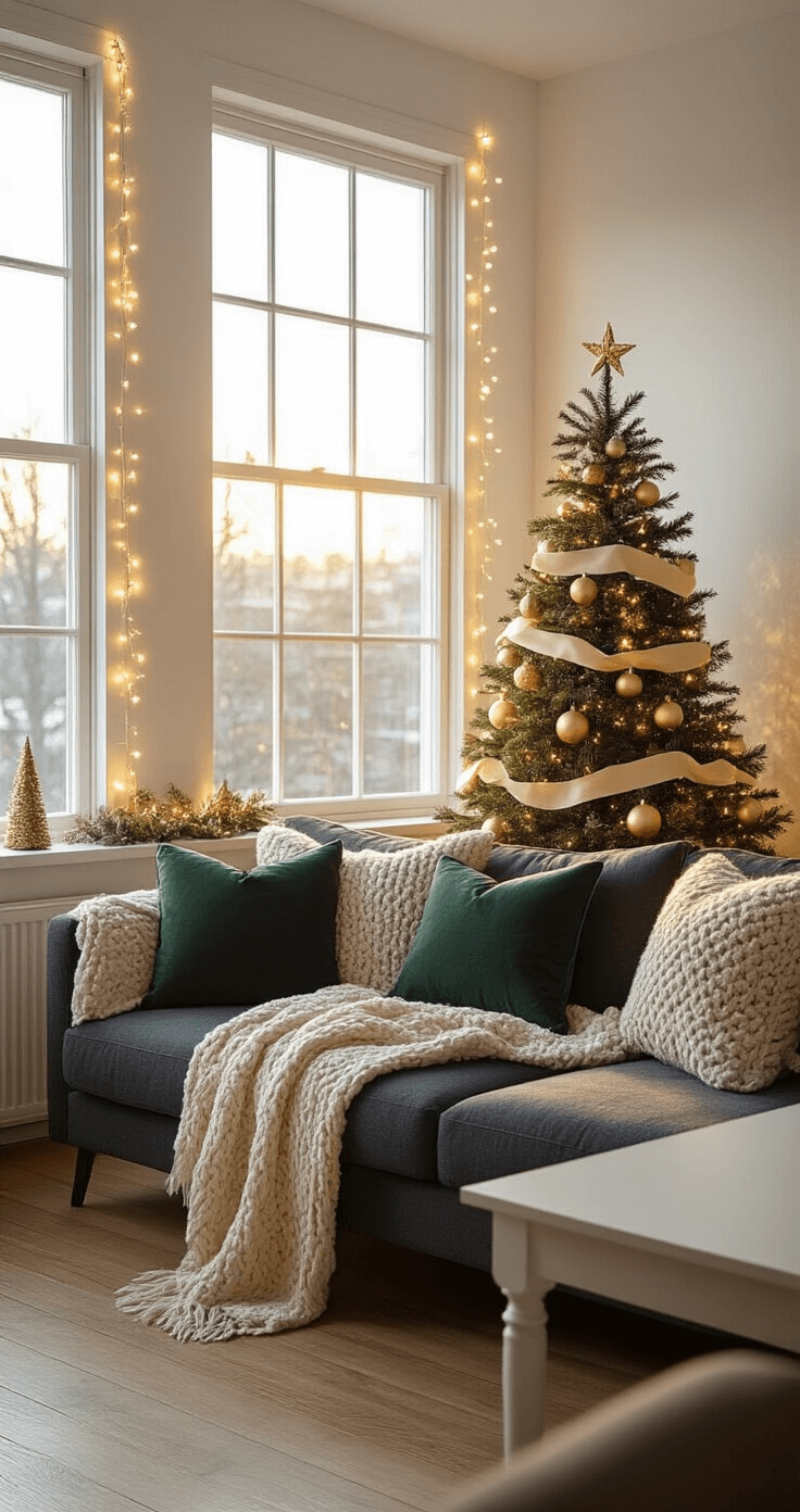 Cozy studio apartment living room during golden hour, featuring a charcoal sofa with deep forest green pillows, a decorated tabletop Christmas tree, twinkle lights framing large windows, and warm ambient lighting.