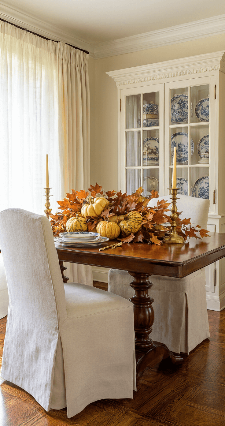 Elegant dining room with a mahogany farmhouse table adorned with a seasonal centerpiece of maple leaves and golden gourds, illuminated by warm candlelight from brass candelabras. The rich burgundy and gold color scheme complements high-backed upholstered chairs in cream linen, while vintage china is artfully displayed in a built-in hutch. Afternoon natural light filters through sheer curtains, highlighting the intricate inlay pattern of the hardwood floors, all captured from a corner angle to showcase depth and luxury.