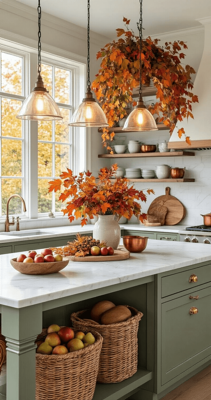 A modern kitchen island featuring white marble countertops adorned with vibrant orange and red autumn foliage, warm pendant lighting, open shelving with seasonal pottery and copper accents, woven baskets of apples and pears, sage green cabinetry with brass hardware, and natural morning light streaming through large windows.