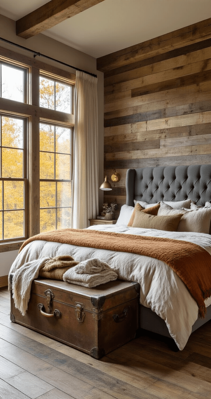 Rustic bedroom with a king-size tufted gray headboard, warm caramel and cream bedding, reclaimed barn wood wall, vintage trunk with woolen blankets, panoramic windows showcasing a fall forest view, soft morning light through linen curtains, and hardwood floors with distressed finish.