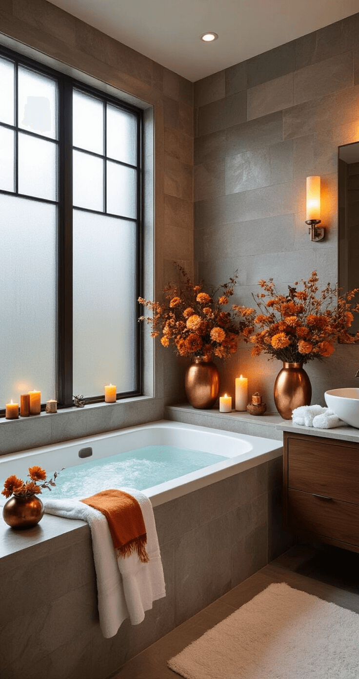 Luxurious bathroom spa retreat featuring a freestanding soaking tub by frosted windows, warm candlelight ambiance, natural stone tiles, walnut floating vanity, autumn floral arrangements, and fluffy white towels, all creating a serene sanctuary atmosphere.
