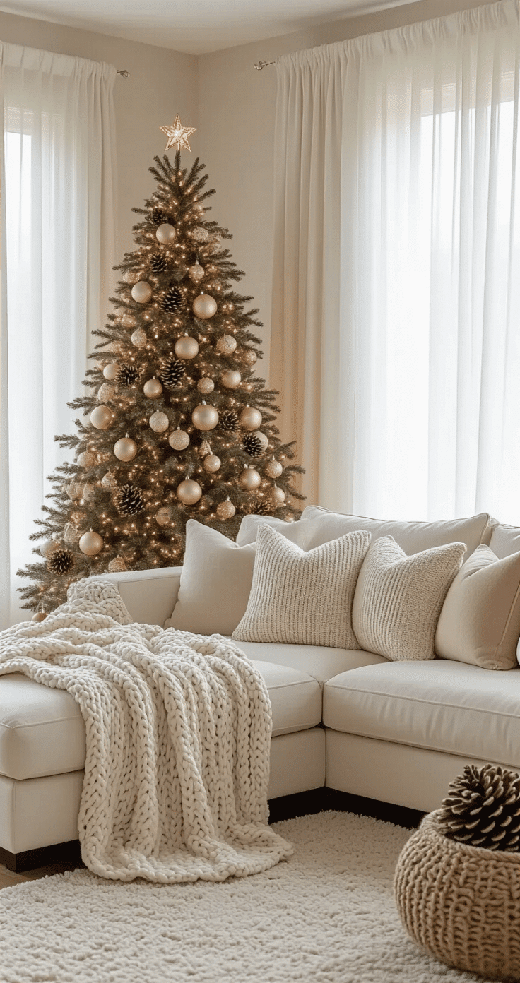 A spacious living room filled with soft morning light, featuring a cream sectional sofa with chunky knit throws, a 7-foot Christmas tree adorned with champagne baubles and pinecones, and a color palette of whites, beiges, and browns.
