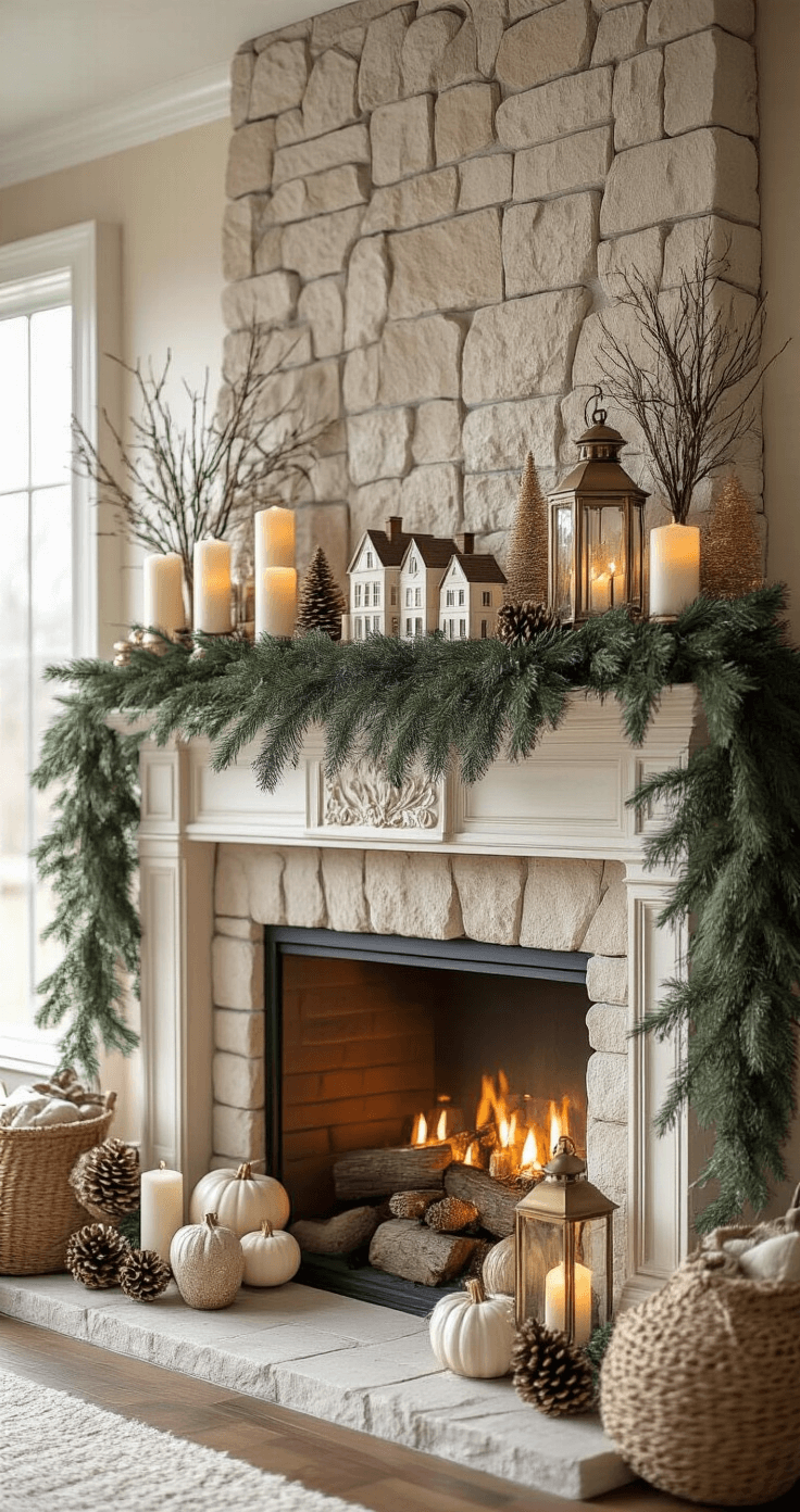 Grand stone fireplace mantel adorned with faux cedar garland, white pillar candles in brass holders, cream bottle-brush trees, vintage brass lantern, and ceramic winter village houses, all bathed in warm golden hour light, creating a cozy atmosphere with natural elements like pinecones and branches, accented in soft taupe and cream tones with brushed gold metallics.