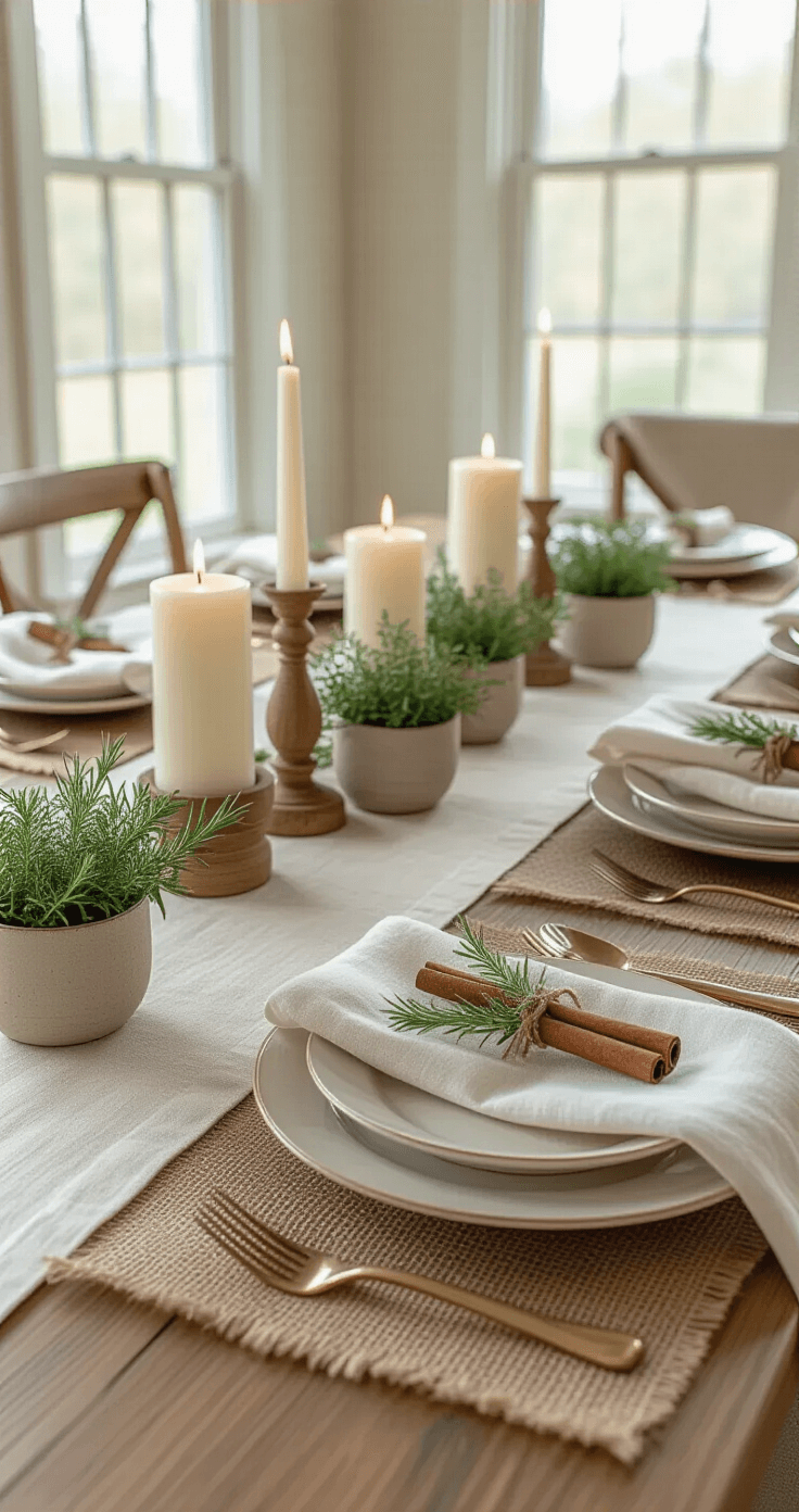 Elegant dining room table set for holiday entertaining, featuring a cream natural linen runner, white dinner candles in wooden holders, small potted herbs, and folded neutral linen napkins tied with cinnamon sticks, all illuminated by soft afternoon light streaming through tall windows.