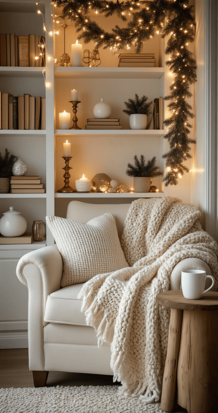 Cozy reading nook featuring built-in bookshelves adorned with garlands and warm string lights, an oversized cream armchair with a chunky knit throw, and a natural wood side table holding a white ceramic mug, complemented by styled shelves with white ornaments and potted evergreens, all illuminated by soft lamplight in a neutral palette.