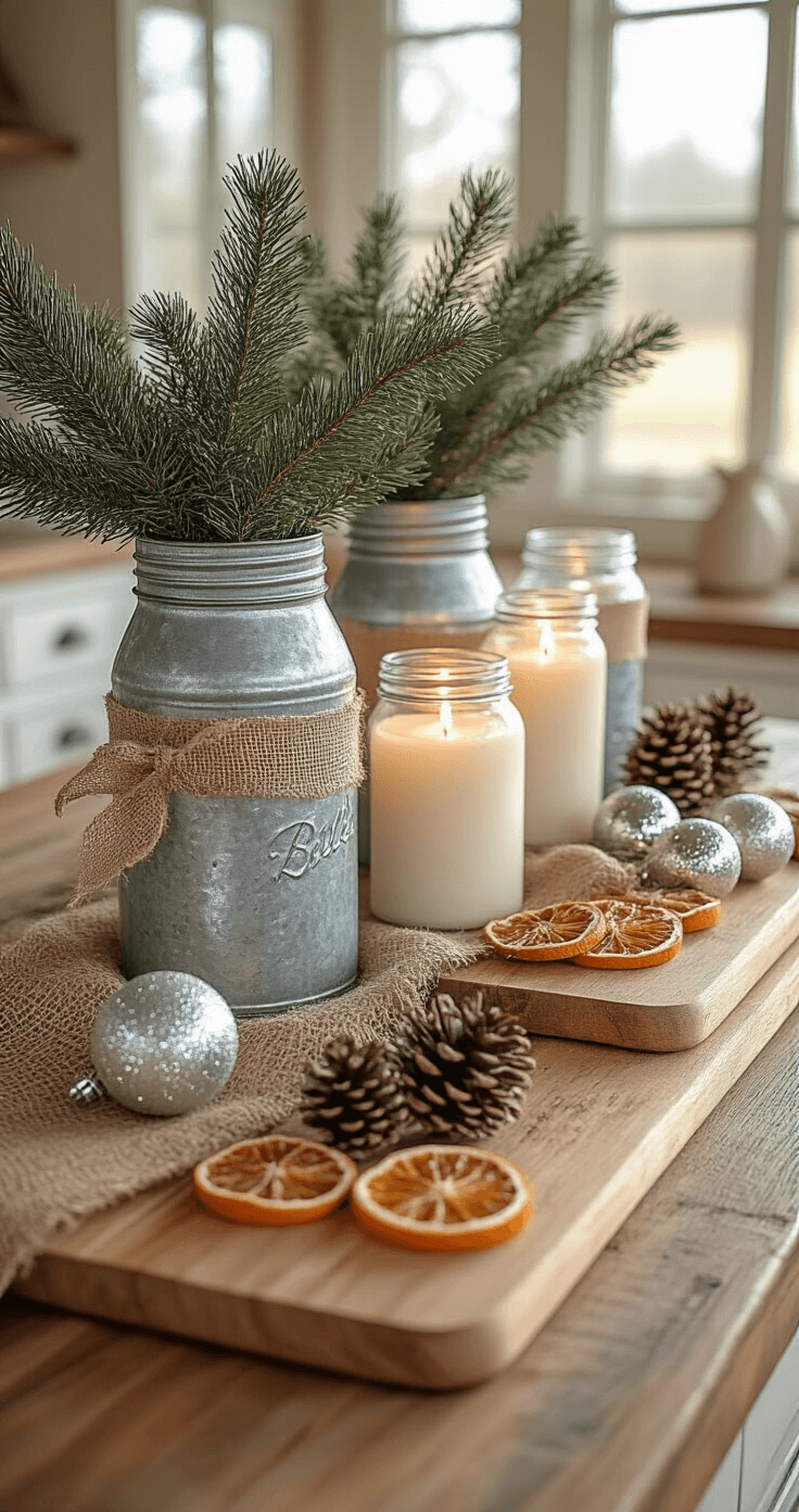 A rustic farmhouse kitchen island decorated for the holidays with galvanized metal containers holding fresh cedar branches, mason jars filled with white pillar candles, burlap ribbon tied around vintage glass ornaments, and natural wood cutting boards displaying pinecones and dried orange slices. Late afternoon sunlight creates a warm golden glow through the windows, highlighting the layered textures and a color palette of cream whites, warm taupes, and galvanized silver accents.